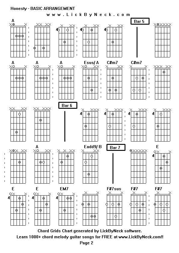 Chord Grids Chart of chord melody fingerstyle guitar song-Honesty - BASIC ARRANGEMENT,generated by LickByNeck software.